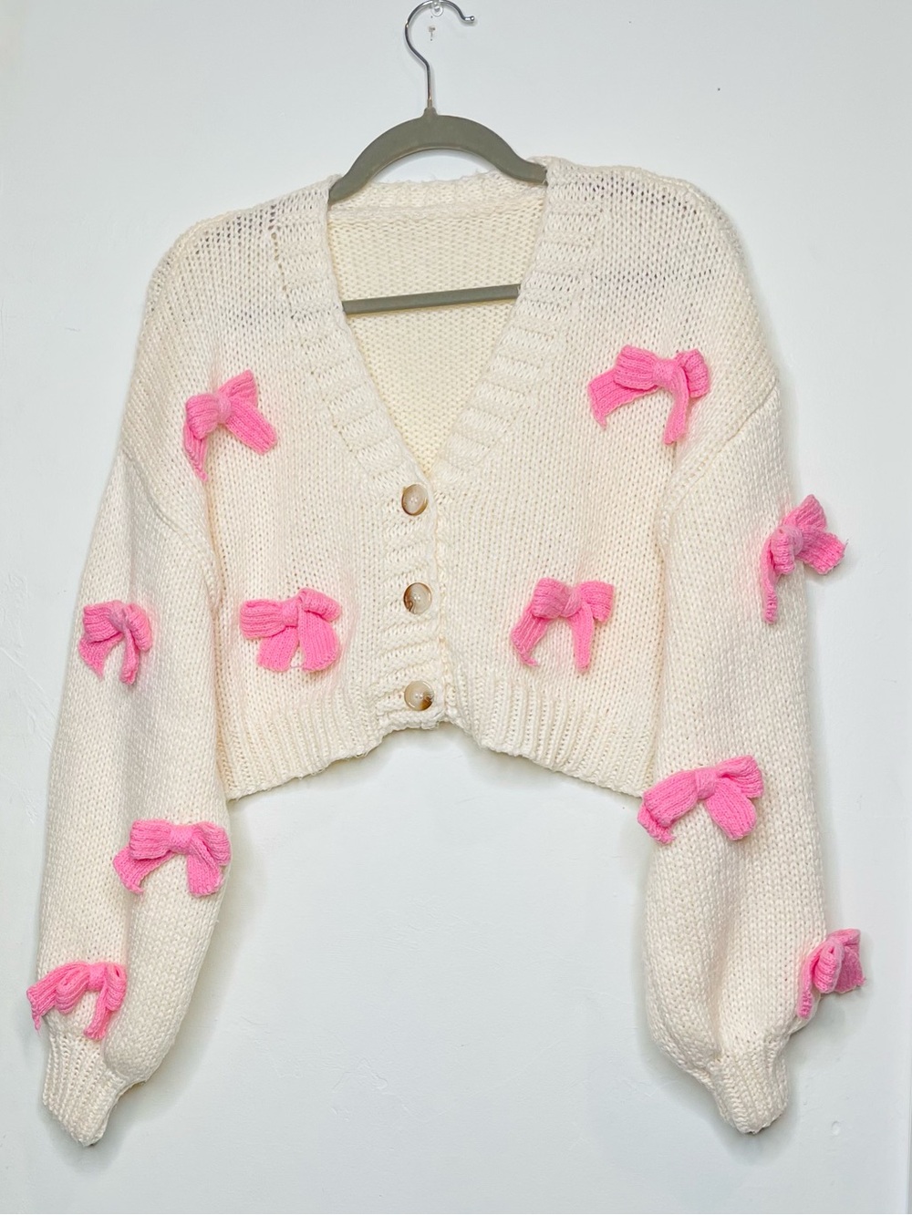 Cream Cropped Cardigan with Pink 3D Bows Coquette Oversized Sweater S/M